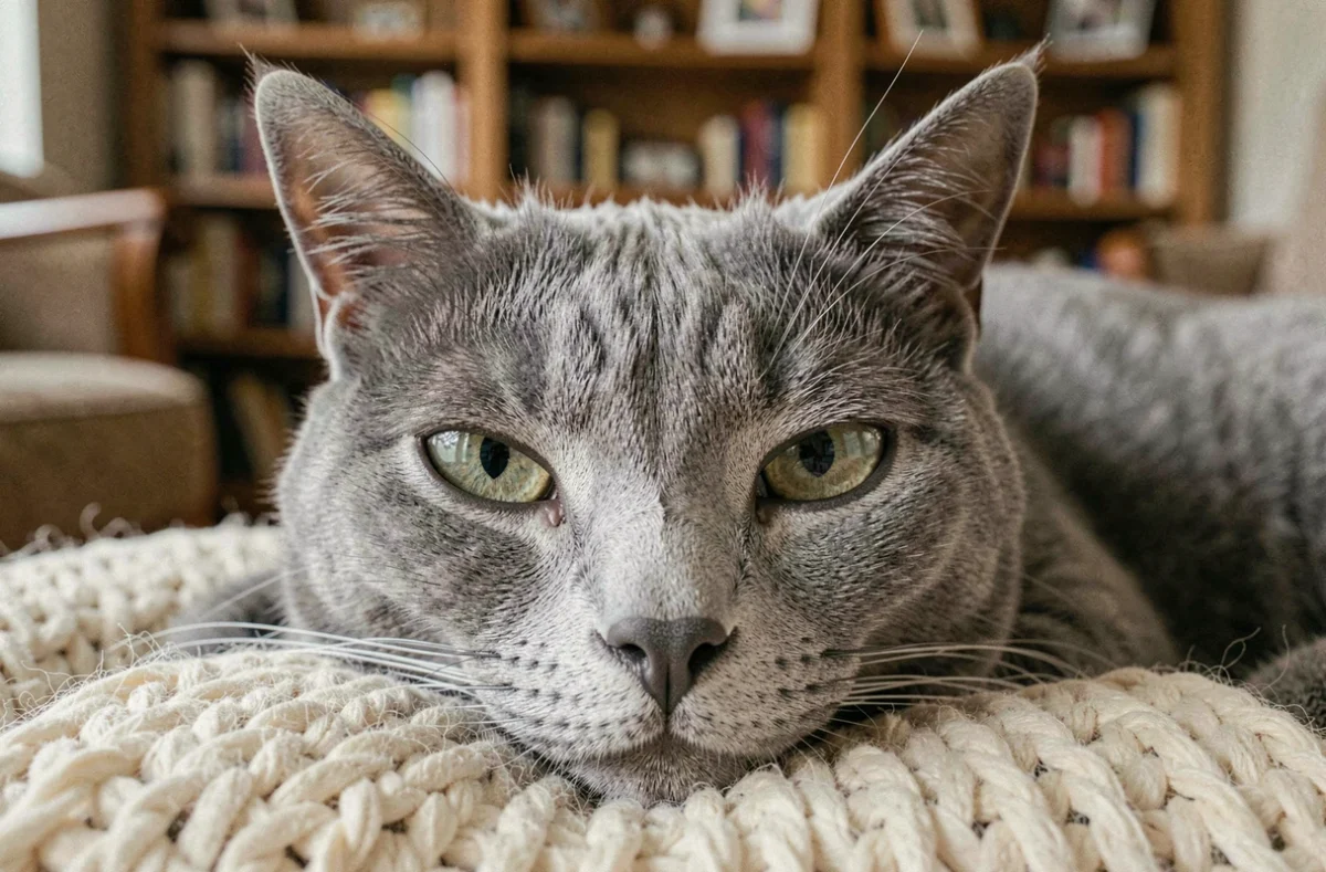 Gros plan des pupilles dilatées d'un chat gris âgé à la maison