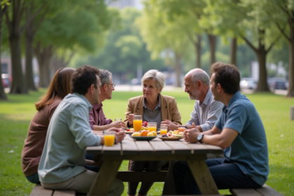 Groupe diversifié discutant dans un parc urbain en plein air