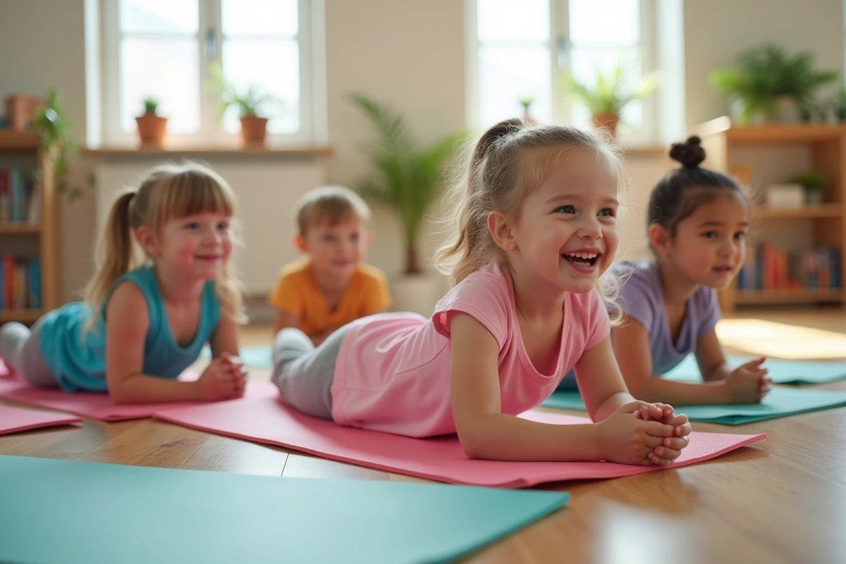 Groupe d'enfants pratiquant la posture du cobra en yoga dans une salle de classe colorée avec des tapis de yoga individuels