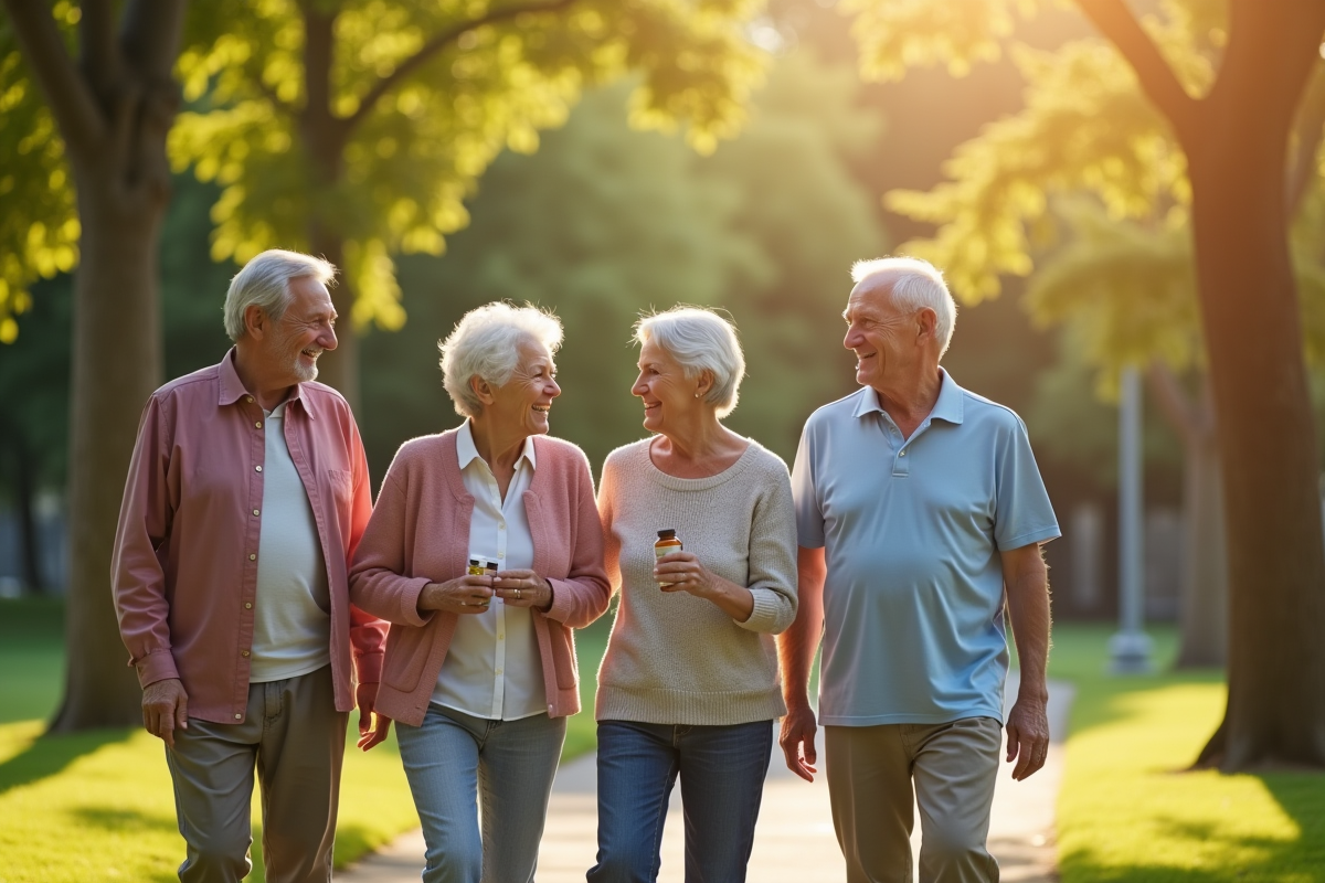 Groupe de seniors marchant dans un parc ensoleille