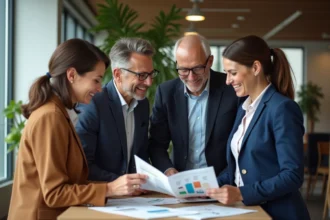 Groupe de collègues au bureau examinant une brochure santé