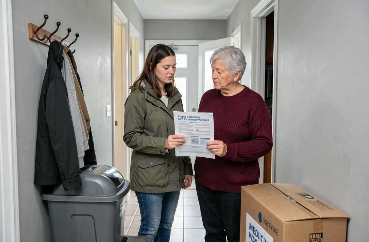 Deux femmes consultant un guide de tri pour l'élimination responsable d'anciennes radiographies à domicile