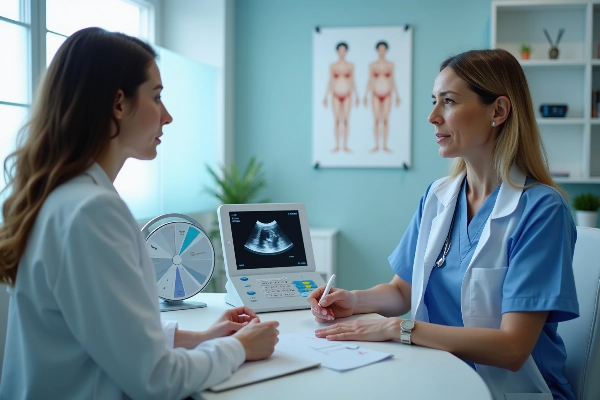 Gynécologue expliquant le calcul de la DPA et le dépassement du terme à une patiente enceinte en consultation
