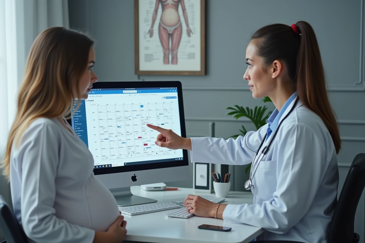 Gynécologue expliquant le calcul du terme de grossesse à une patiente devant un calendrier obstétrical sur écran
