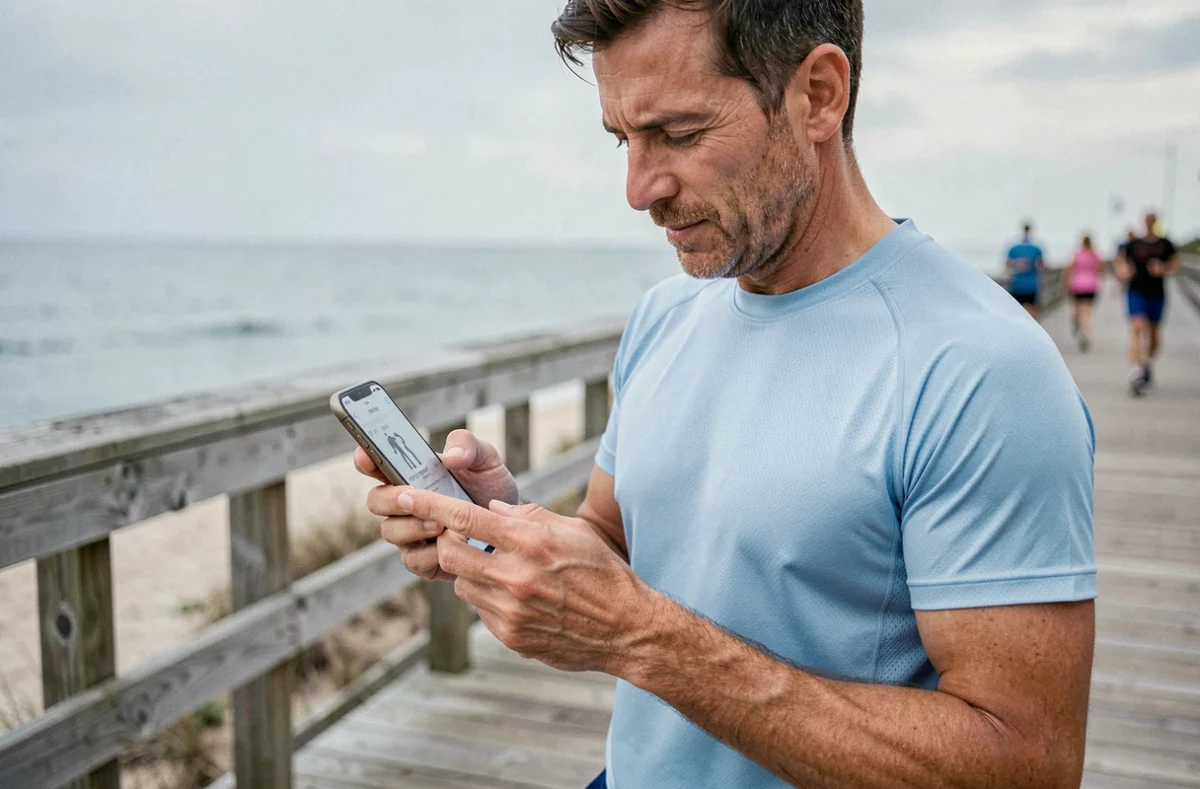 Homme consultant son application de comptage de pas sur smartphone pendant une marche quotidienne au bord de la mer