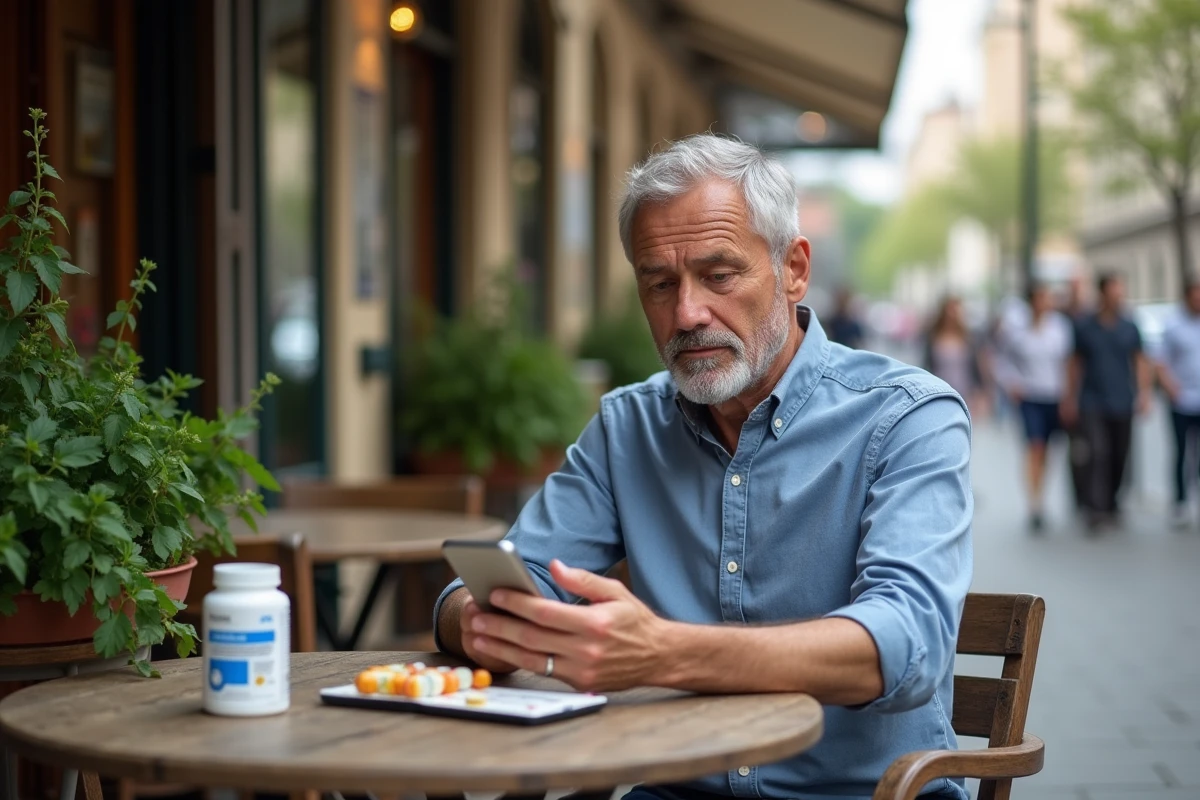 Homme au café vérifiant ses compléments omega 369 en ville