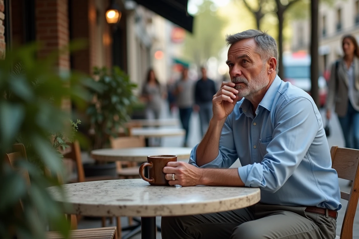 Homme méditant au café en plein air lors d