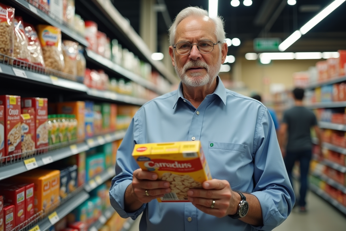 Homme âgé choisissant une céréale dans une épicerie animée