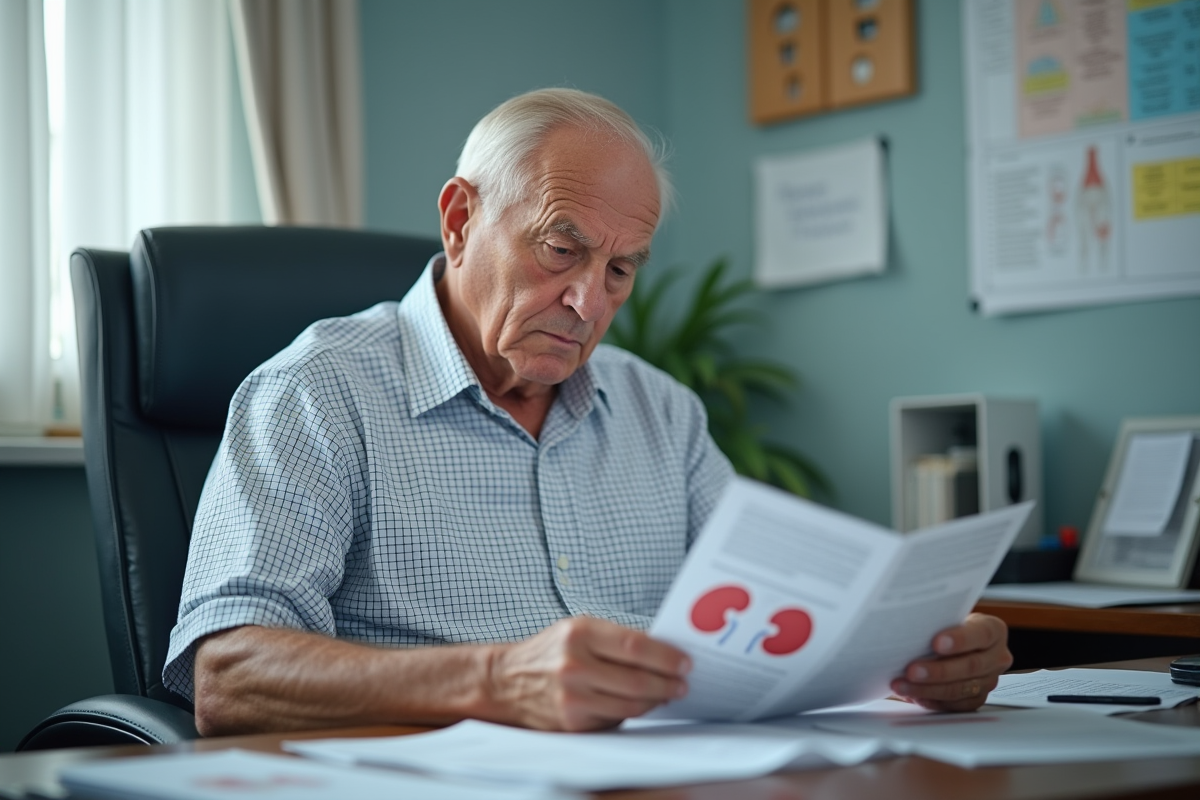 Homme âgé consulte des documents médicaux dans un cabinet