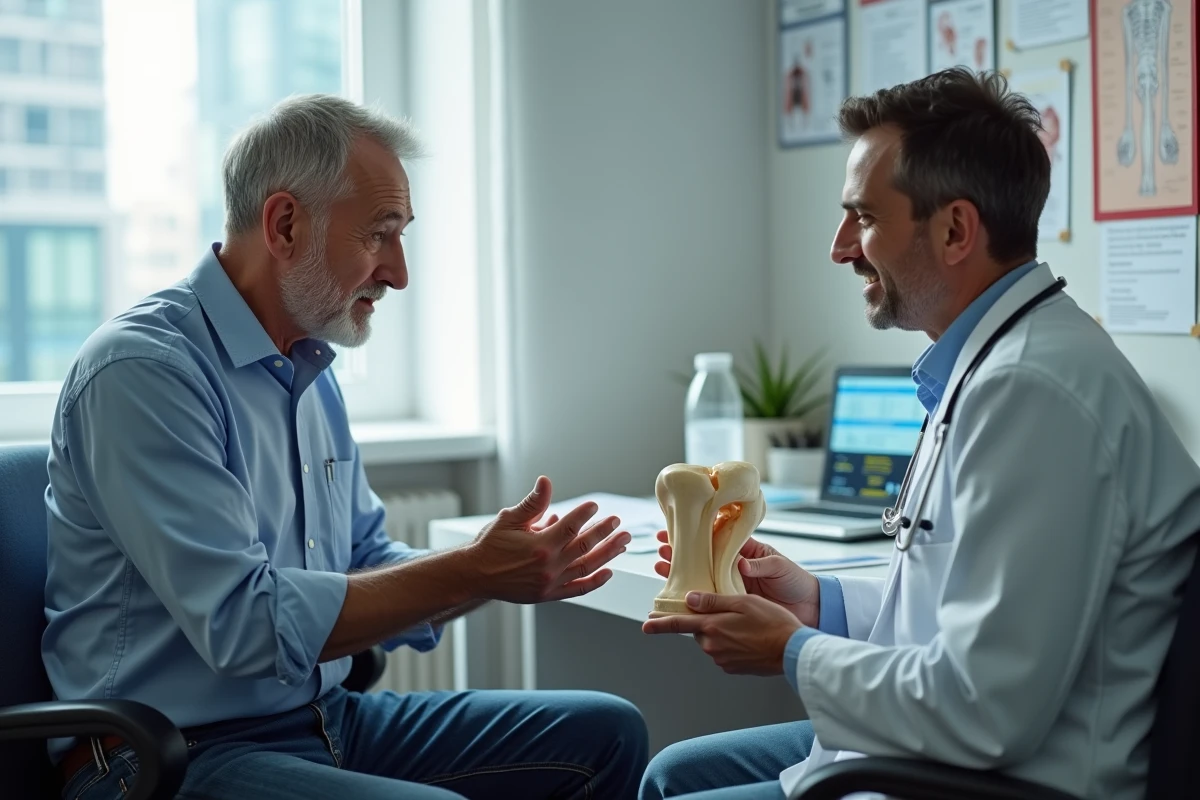 Homme en consultation avec un rhumatologue dans un cabinet