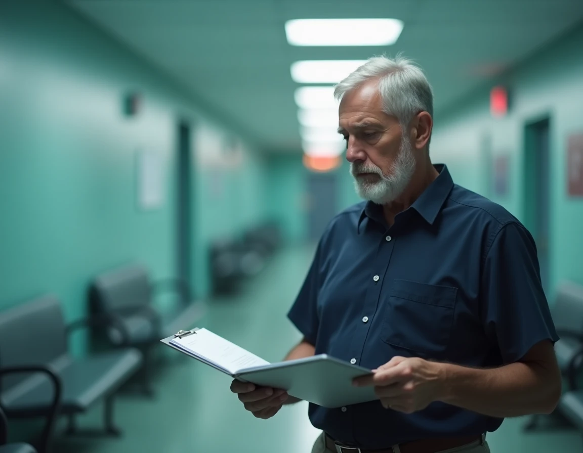 Homme dans un couloir d'hôpital tenant un dossier médical, regard pensif, illustrant la consultation médicale pour symptômes digestifs suspects