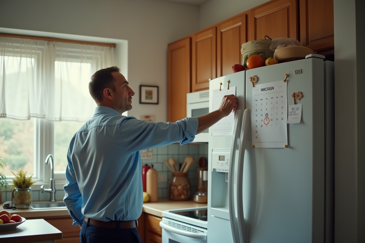 Homme marquant un calendrier dans une cuisine domestique