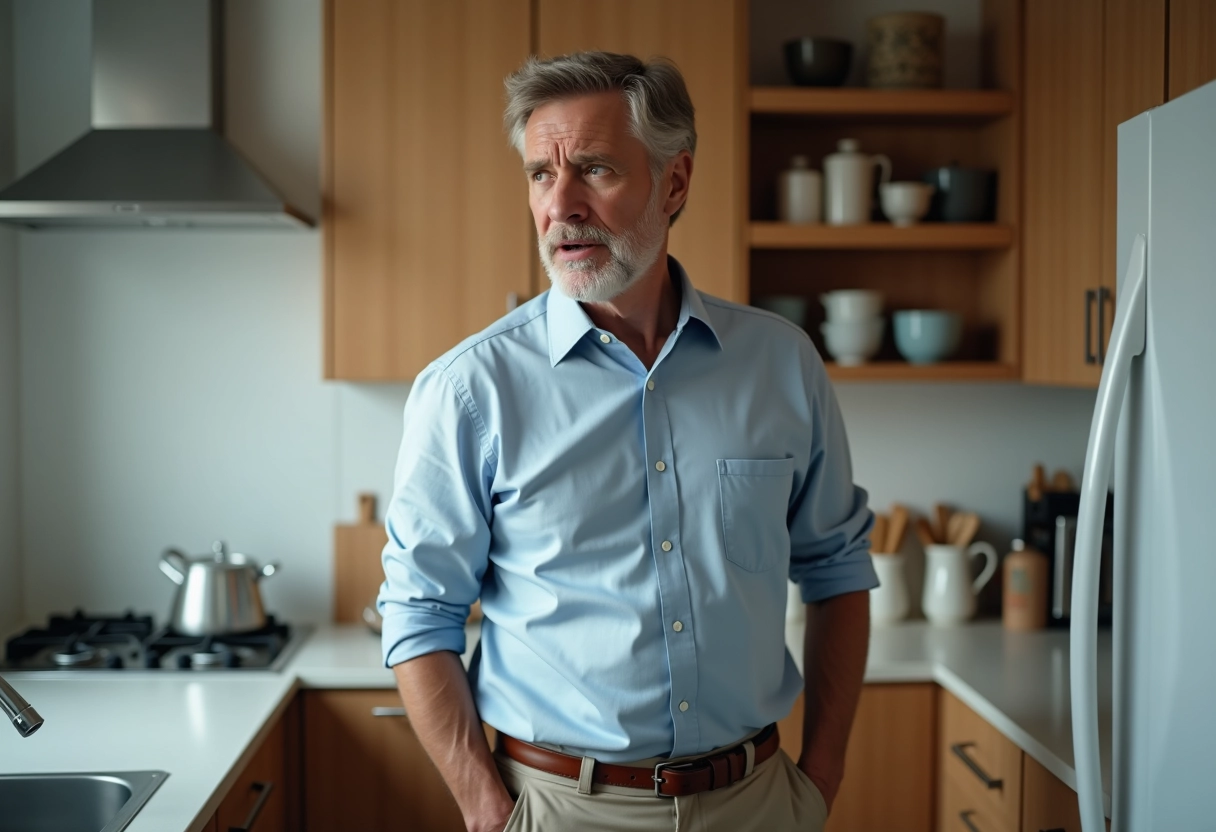 Homme debout près du plan de travail en cuisine