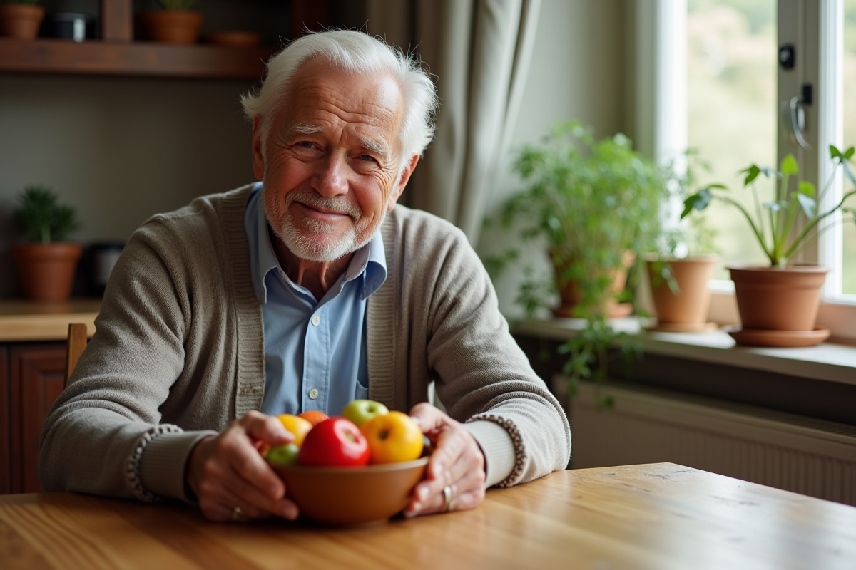 Homme age arrangeant un bol de fruits dans la salle à manger