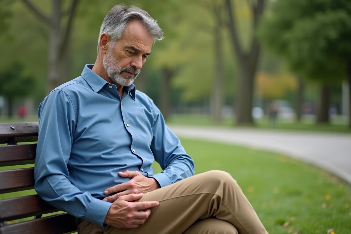 Homme assis dans un parc avec malaise abdominal