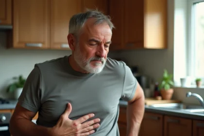 Homme d'âge moyen assis à la table de cuisine, main sur l'abdomen, expression de gêne digestive évoquant les symptômes du cancer de l'estomac