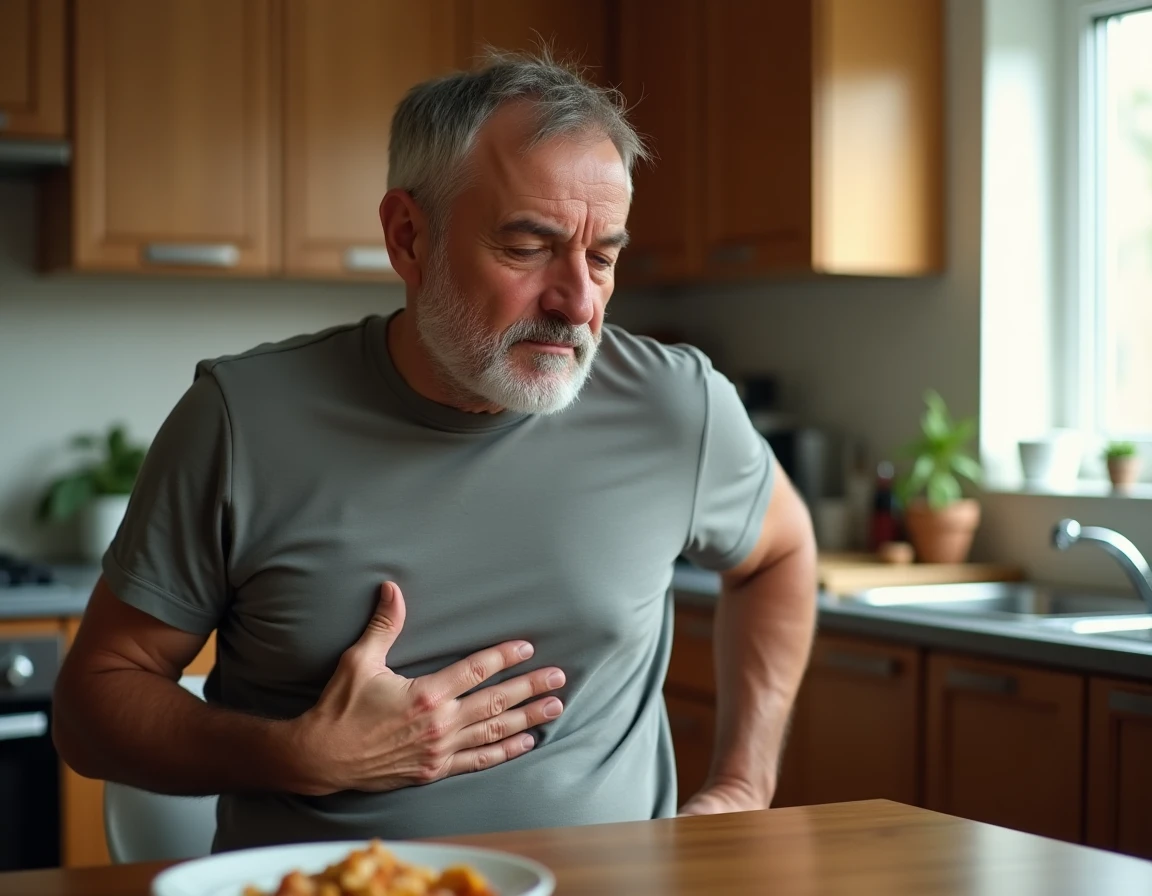 Homme d'âge moyen assis à la table de cuisine, main sur l'abdomen, expression de gêne digestive évoquant les symptômes du cancer de l'estomac