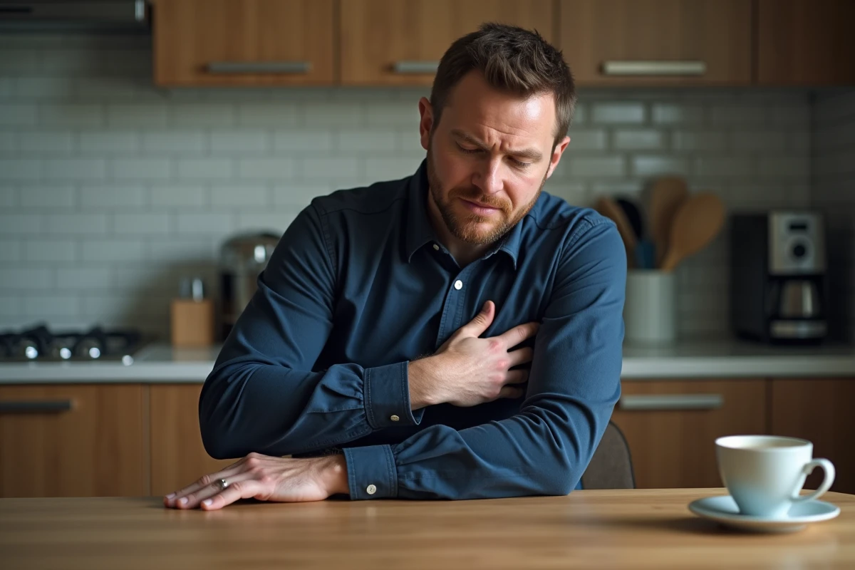 Homme d'âge moyen touchant son aisselle gauche avec une expression de gêne dans une cuisine