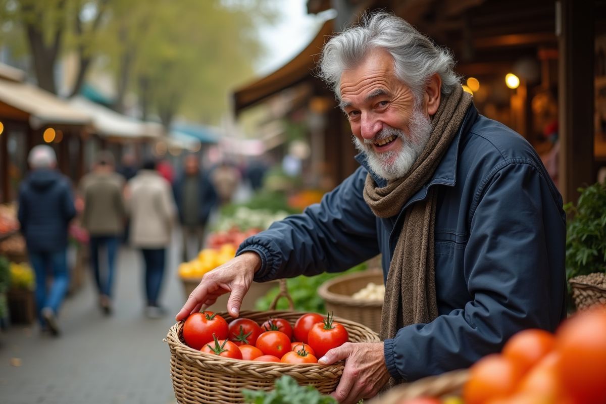 Homme âgé achetant des produits au marché en plein air