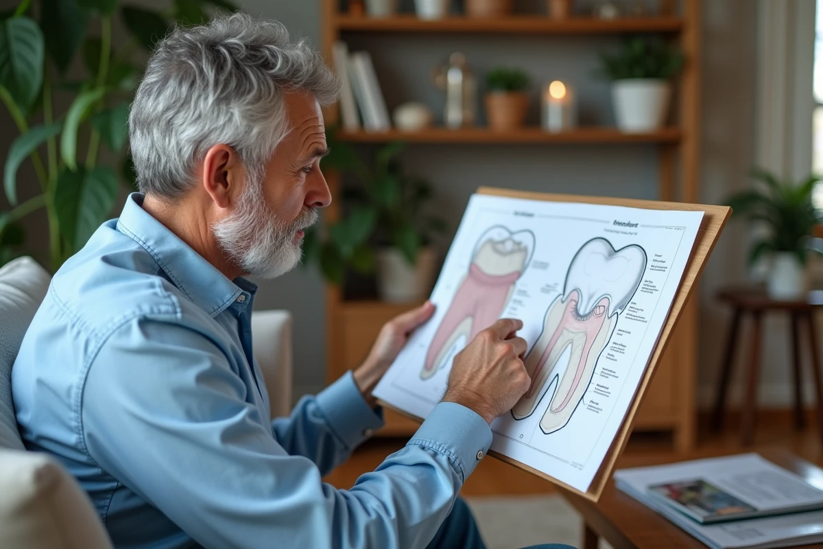 Homme d age regardant un diagramme dentaire chez lui