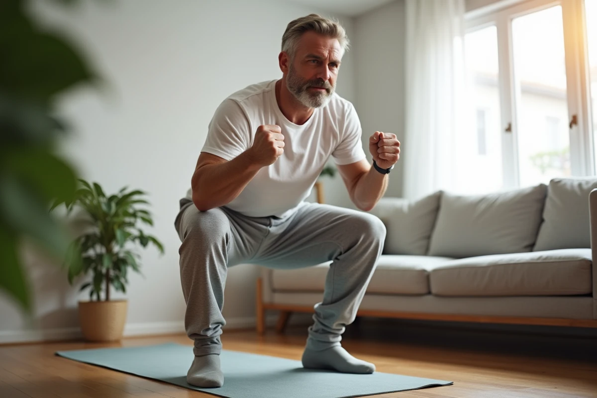 Homme sédentaire faisant des exercices à domicile pour perdre 3 kilos en une semaine