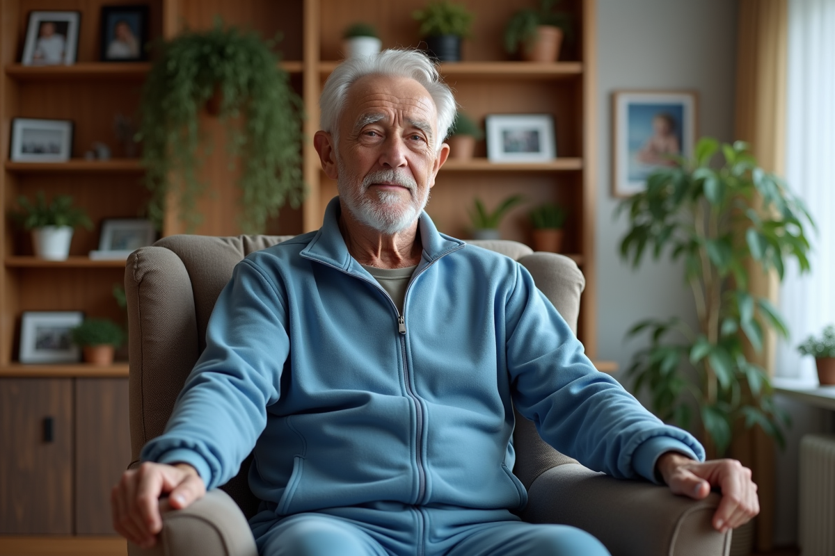 Homme âgé faisant un exercice assis dans un salon