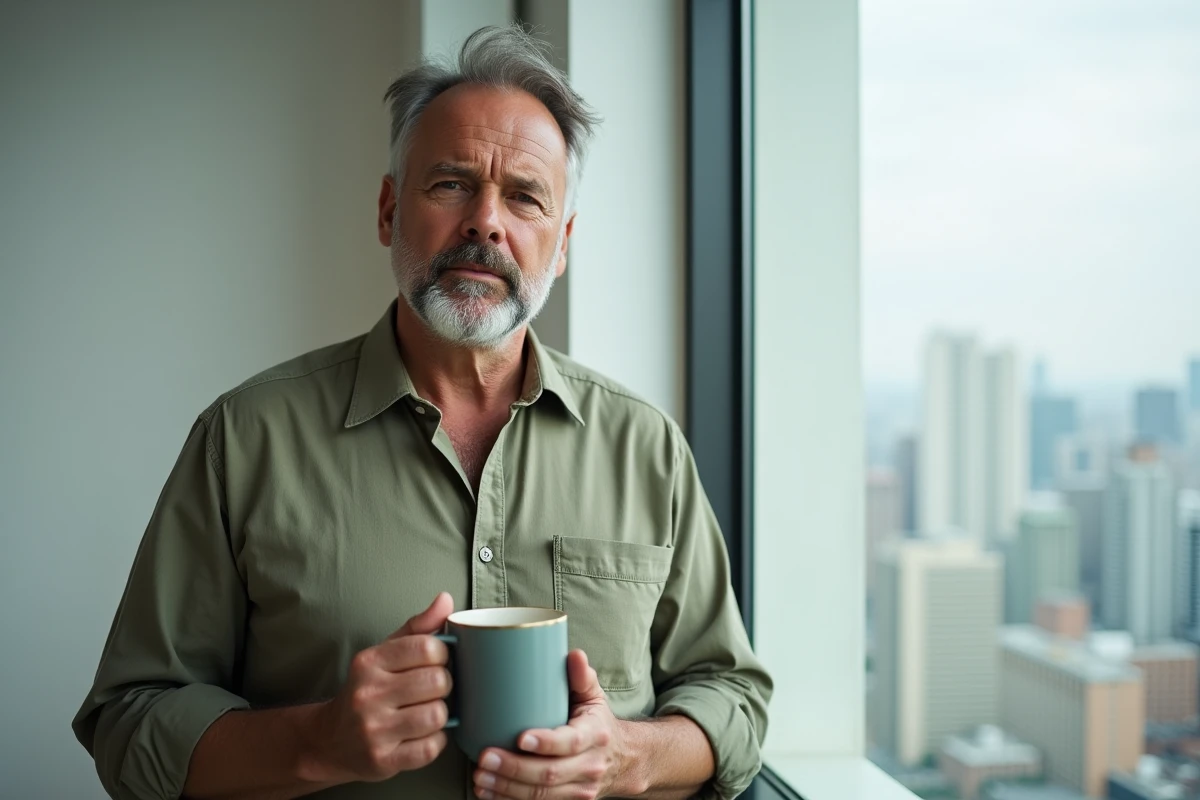 Homme d'âge mûr tenant une tasse de café près d'une fenêtre, expression fatiguée et contemplative liée à une maladie chronique