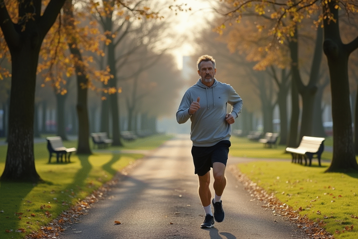 Homme d'âge moyen courant dans un parc urbain au matin