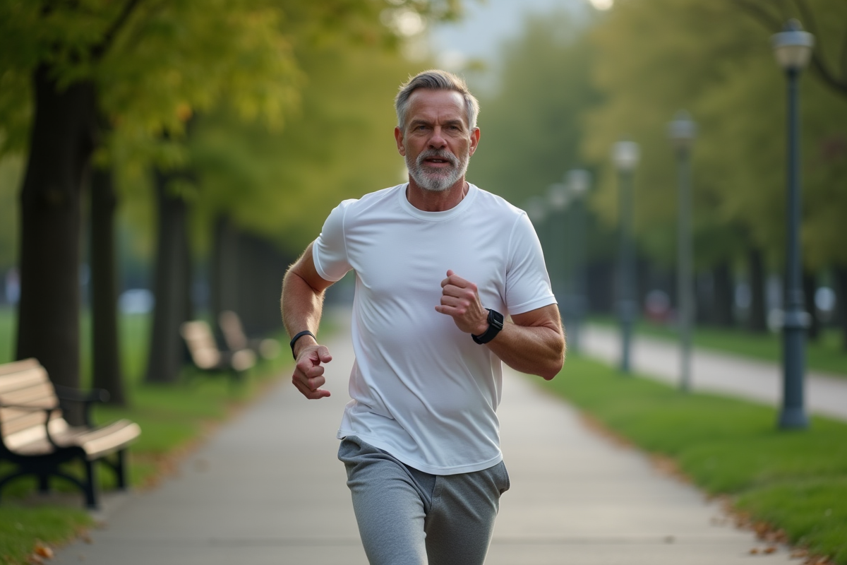 Homme en jogging dans un parc urbain au matin