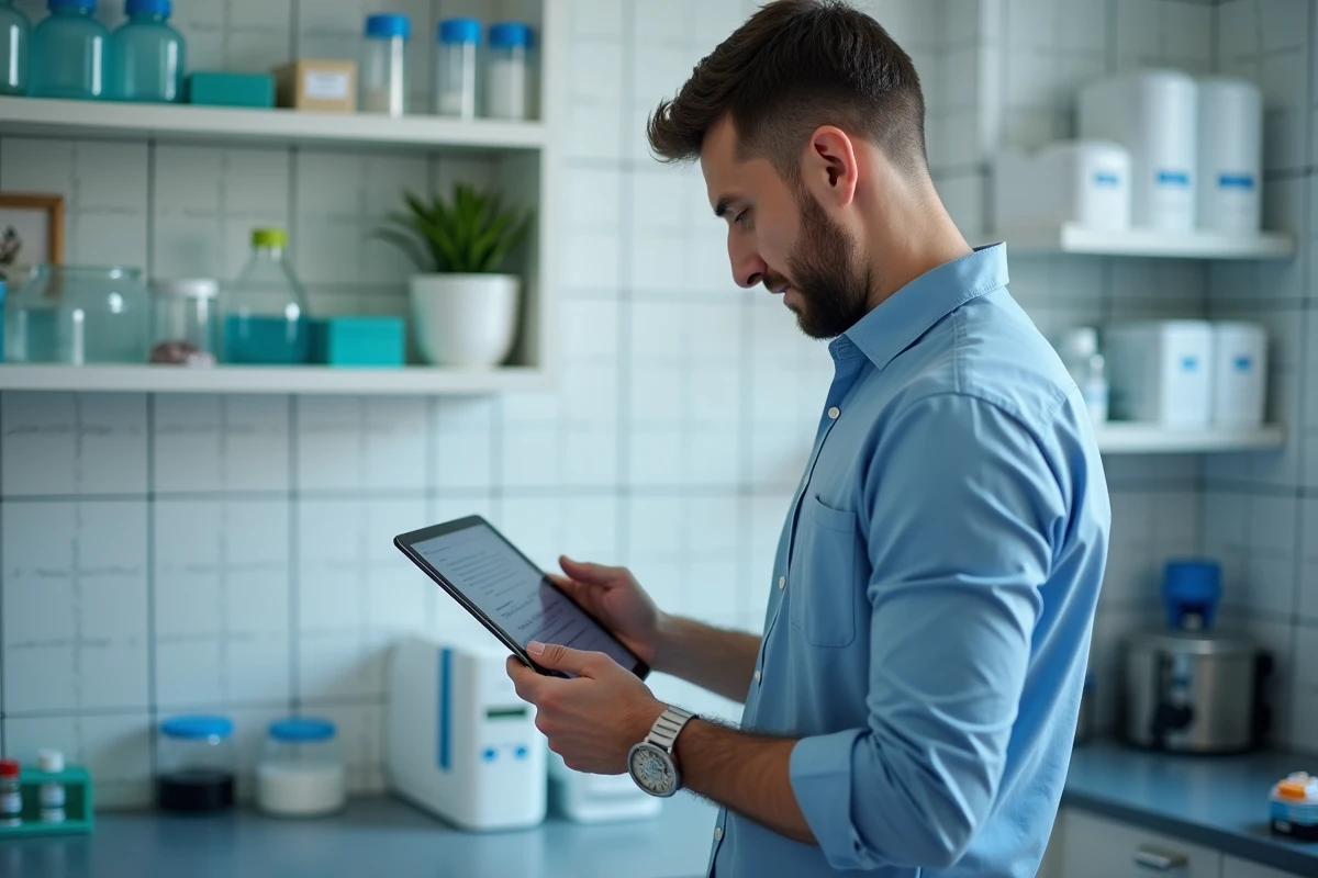 Jeune homme lisant un rapport sur une tablette en laboratoire