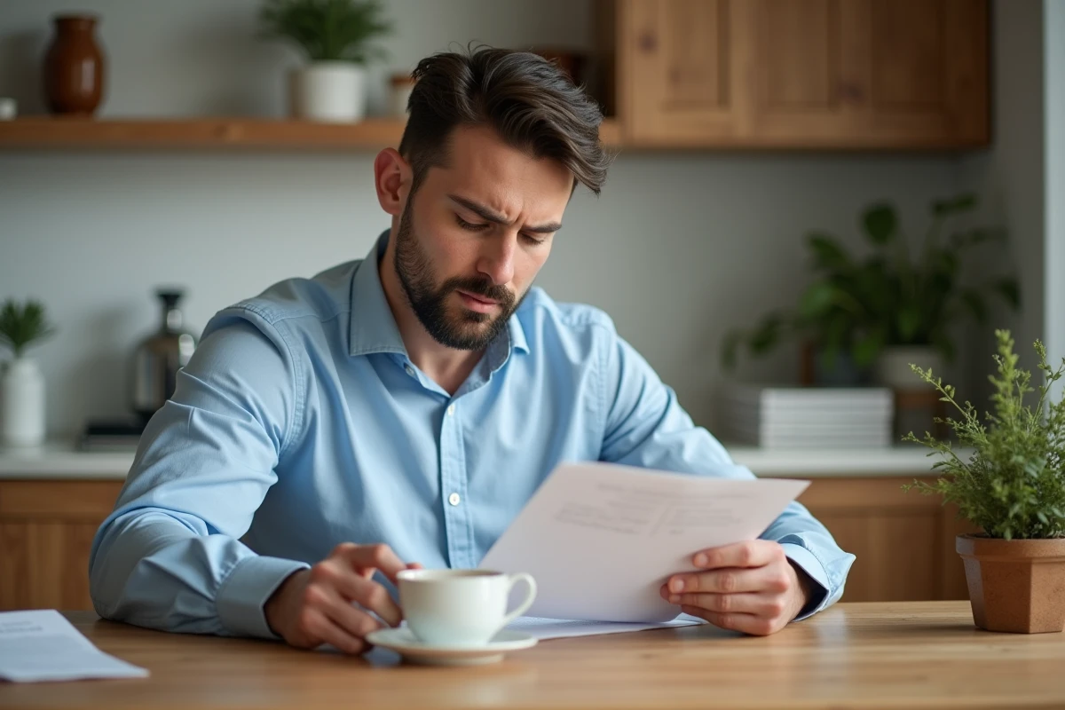 Homme lisant un leaflet médical à la cuisine