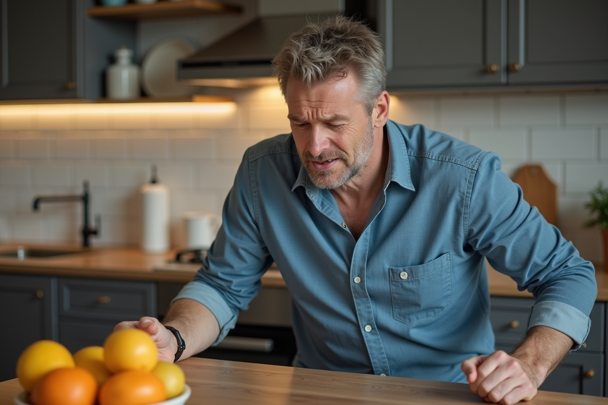 Homme souffrant assis à la cuisine avec expression de douleur