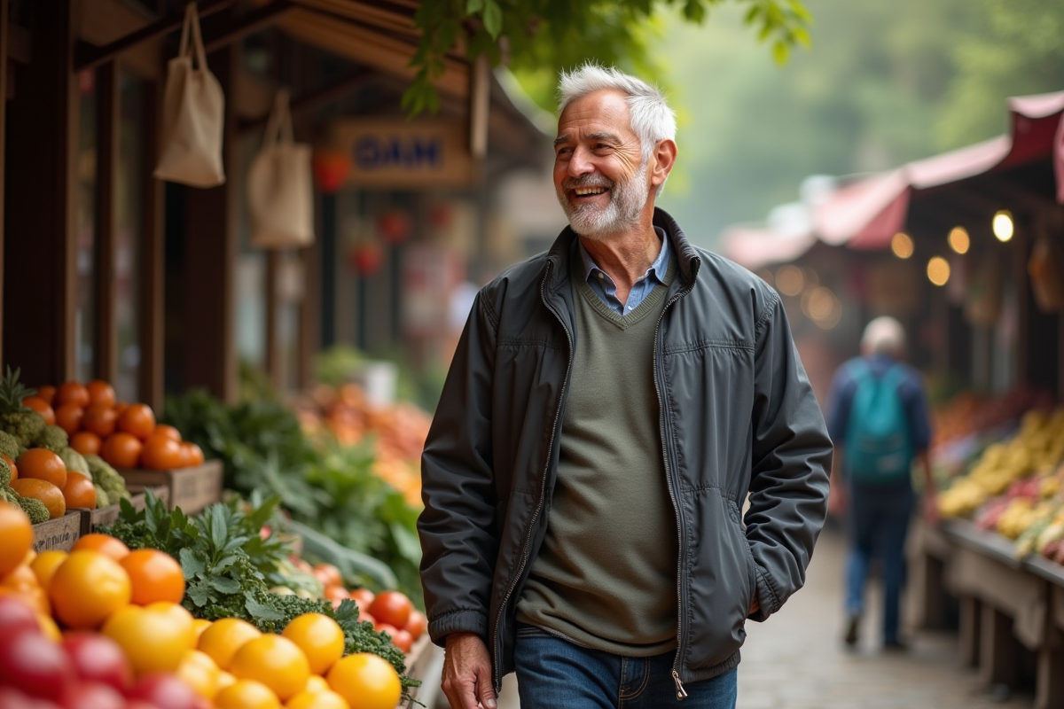 Homme marchant dans un marché extérieur avec des fruits