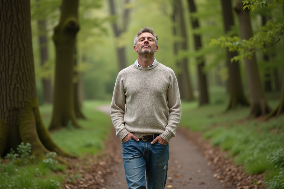 Homme méditant en forêt sur un sentier verdoyant