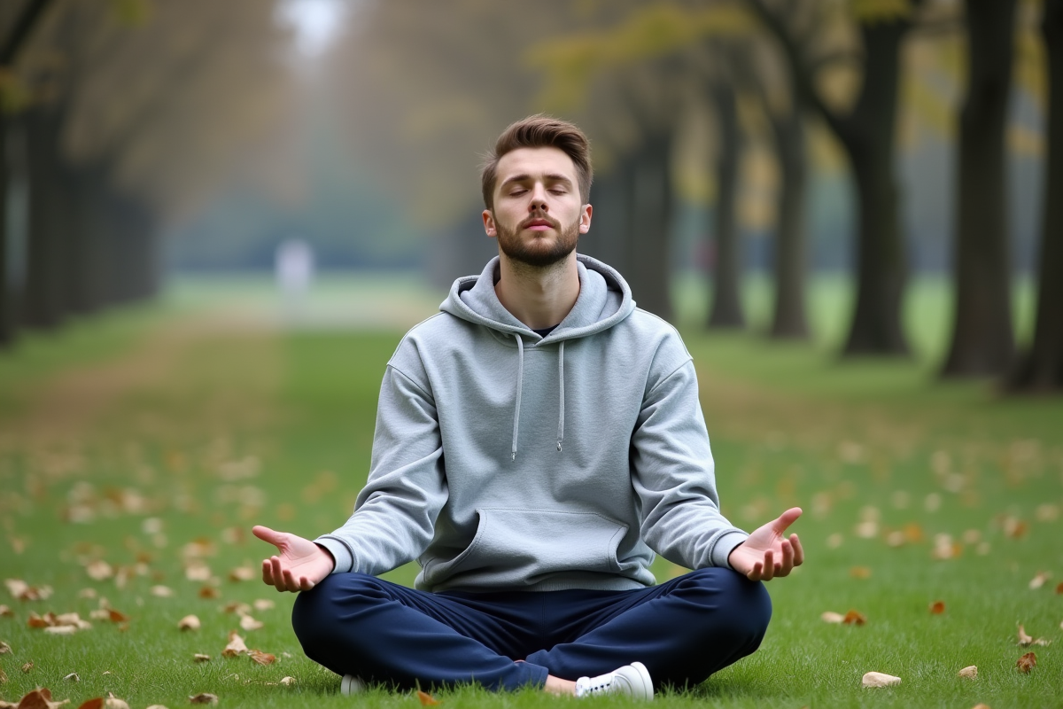 Jeune homme méditant dans un parc paisible