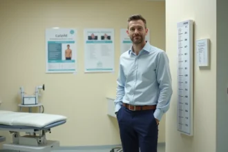 Homme de petite taille debout à côté d'une toise médicale dans un cabinet de consultation, illustrant la mesure du nanisme