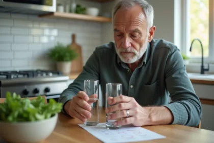 Homme de 40 ans préparant un plan santé avec verre d'eau et liste de contrôle pour réduire son taux de CDT avant une prise de sang