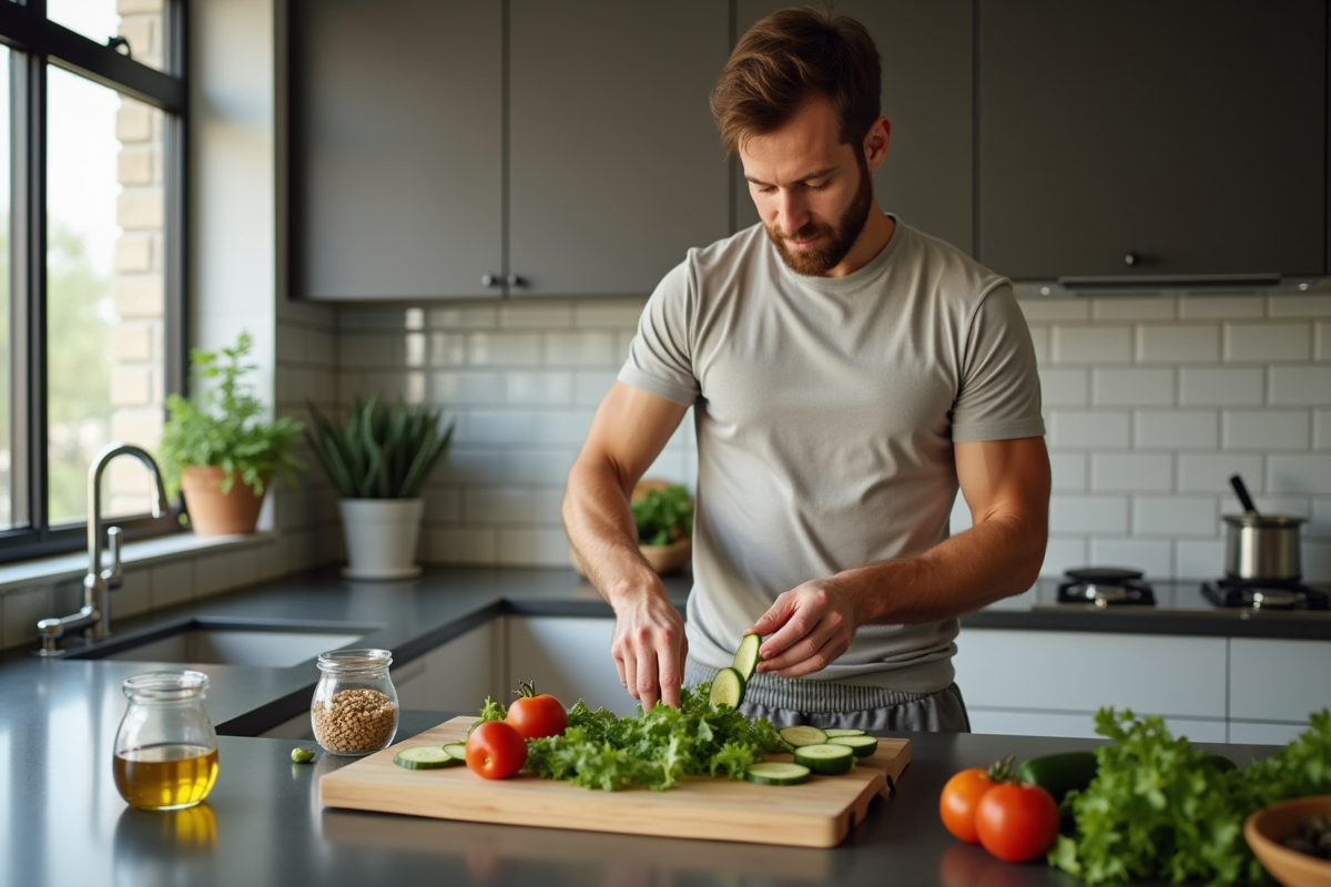 Homme préparant une salade saine dans sa cuisine moderne