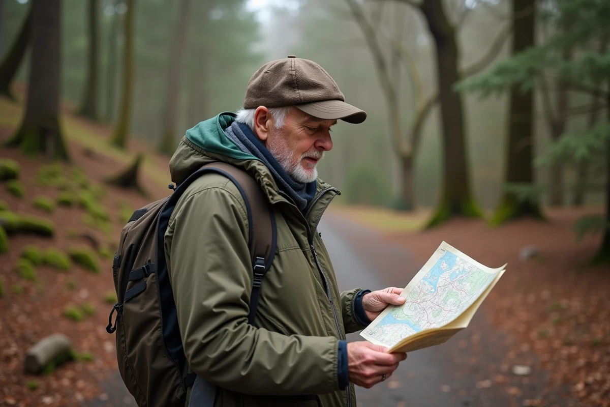 Homme âgé consultant une carte en forêt