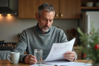 Homme lisant ses résultats d'analyses sanguines à la cuisine après les fêtes, inquiet pour son taux de GGT élevé