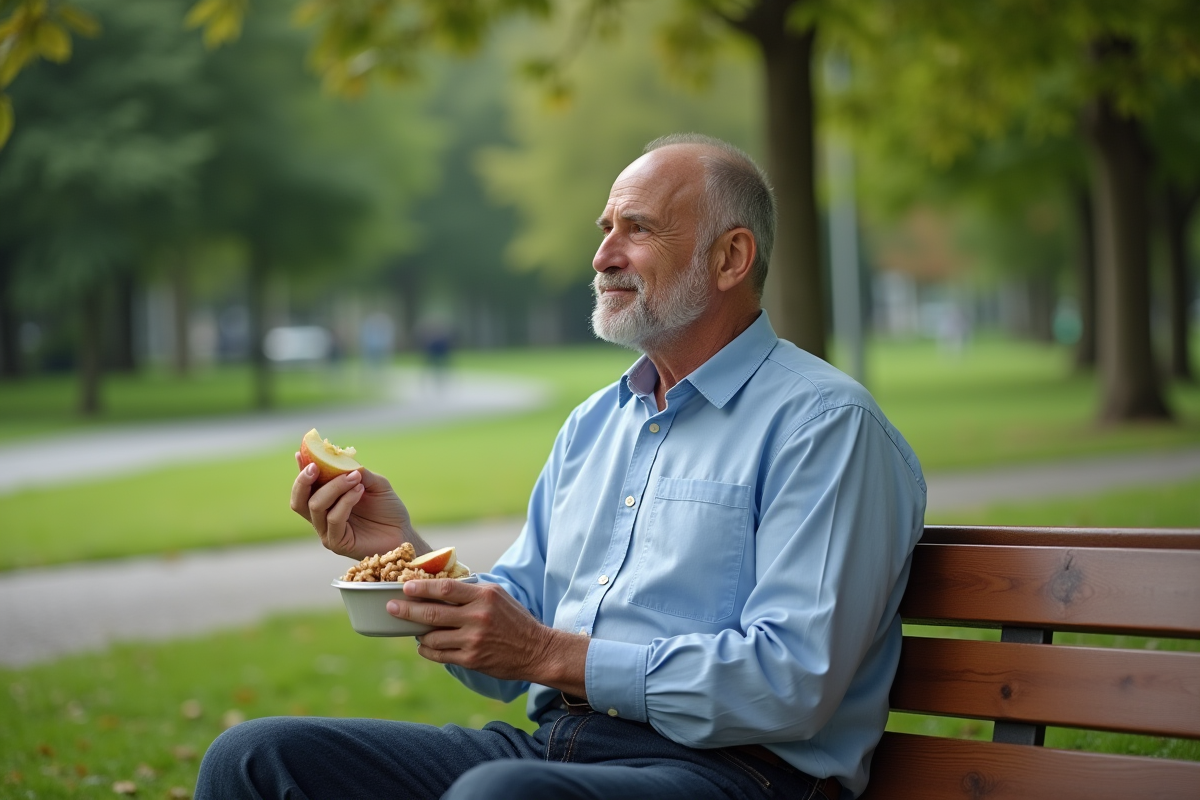 Homme dégustant des fruits dans un parc urbain