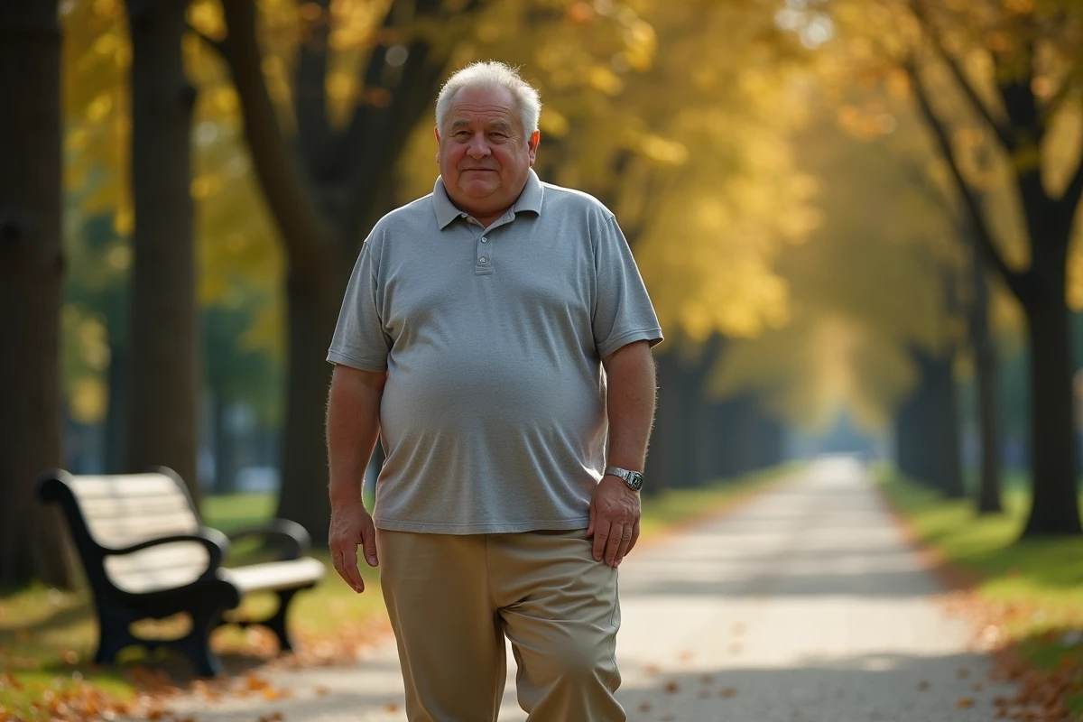 Homme en surpoids marchant avec difficulté dans un parc en raison d'une douleur à la hanche liée à la coxarthrose
