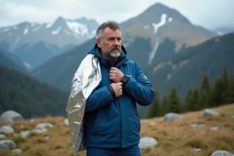 Homme en randonnée montrant comment envelopper une couverture de survie en montagne