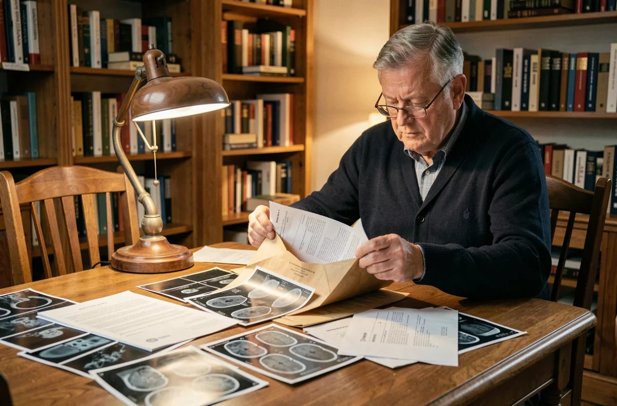 Homme âgé triant des anciennes radiographies et documents médicaux sur une table en bois à la maison