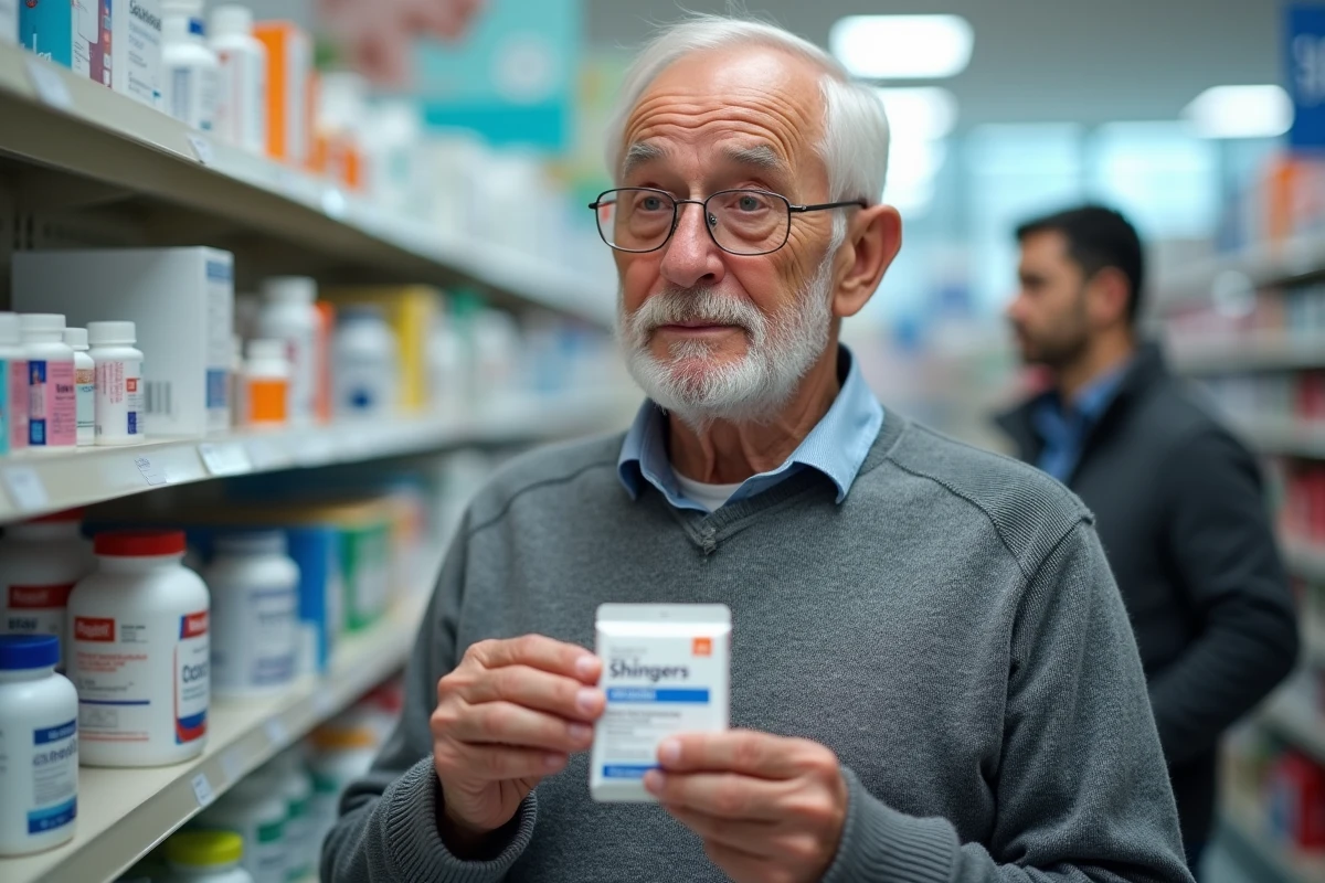 Homme âgé dans une pharmacie tenant un vaccin shingles