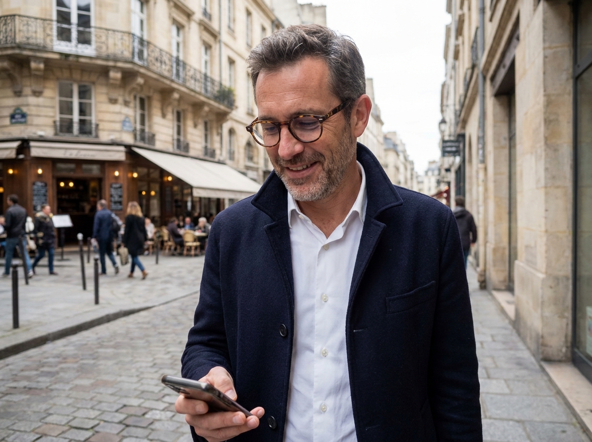Homme portant des verres progressifs Optique des Fêtes dans la rue, consultant son téléphone avec confort