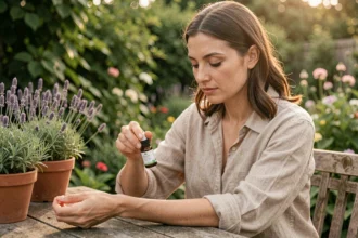Femme appliquant une huile essentielle anti-moustiques sur son bras dans un jardin verdoyant en été