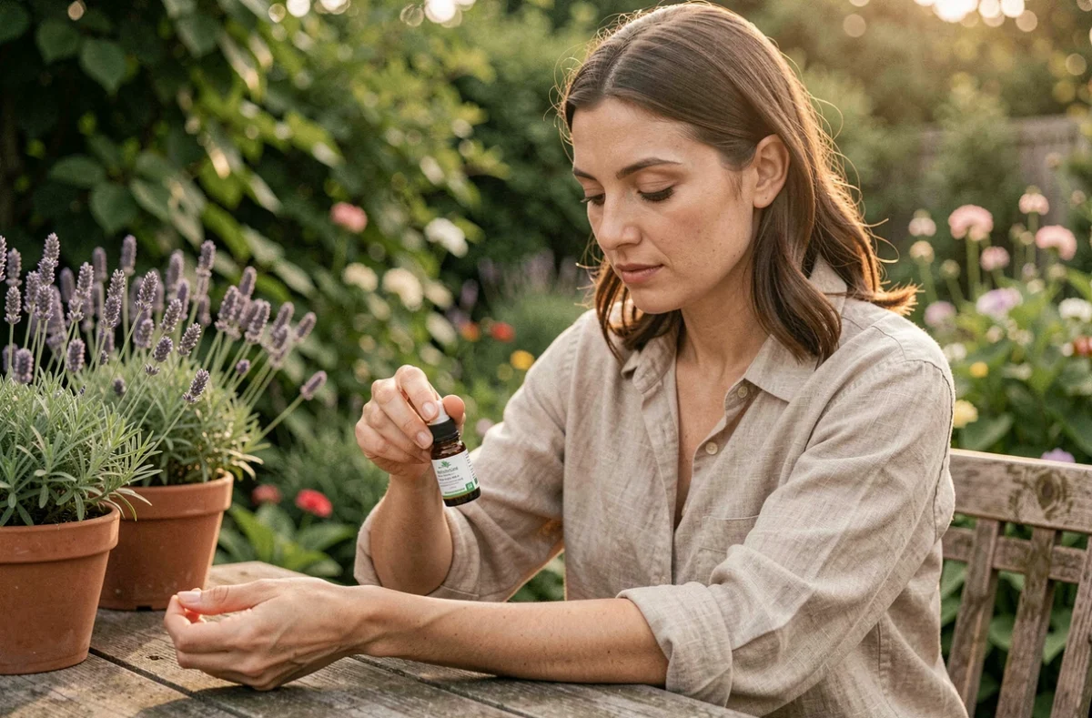 Femme appliquant une huile essentielle anti-moustiques sur son bras dans un jardin verdoyant en été