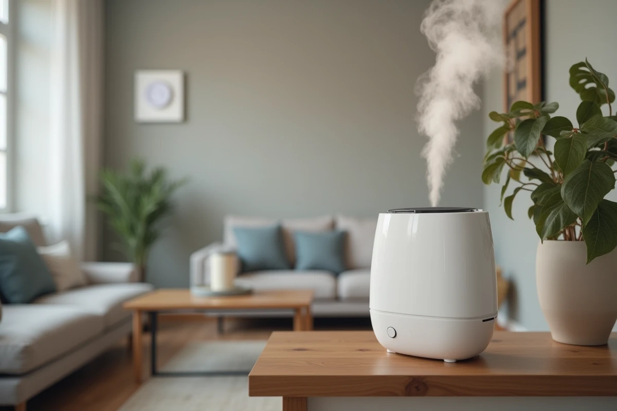 Humidificateur ultrasonique sur une étagère en bois dans un salon moderne, diffusant de la vapeur pour remédier à l'air sec intérieur