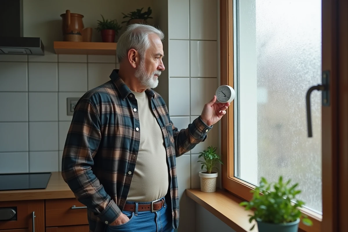 Homme consultant un hygromètre mural dans une cuisine pour surveiller le taux d'humidité et adapter son environnement contre la toux sèche